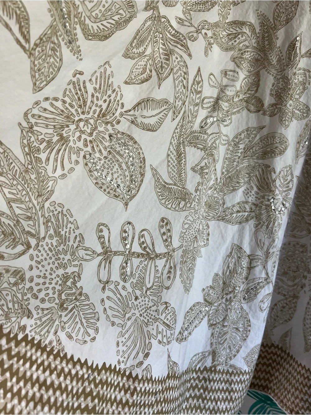 Lemon Grass Cotton midi white skirt w/ floral tan pattern and sequins. Sz 10p - Picture 8 of 8